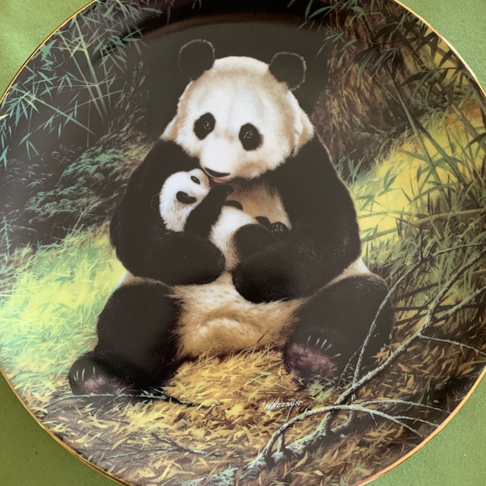 Panda Mother & Cub Decorative Dinner Plate - Black, White, Green